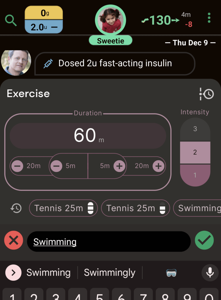 Gluroo lets you log exercise to see how it affects your blood glucose.