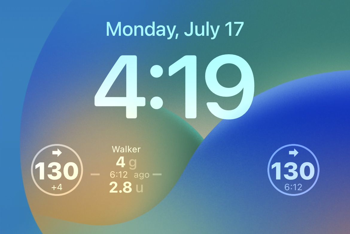 a screenshot of an iPhone running iOS, with lock screen widgets that are displaying blood glucose levels.