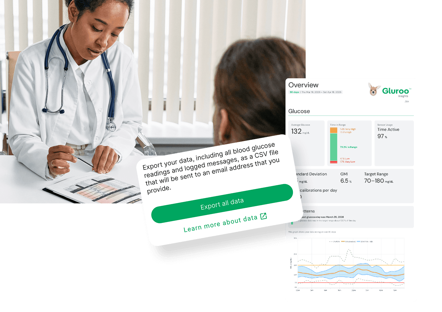 Clinician managing a patient's diabetes and reading through Gluroo insights