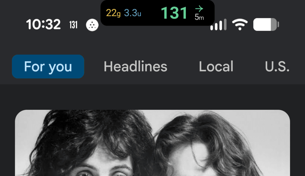 The Always-on CGM Display floating chip showing glucose, IOB, and trend on top of another app